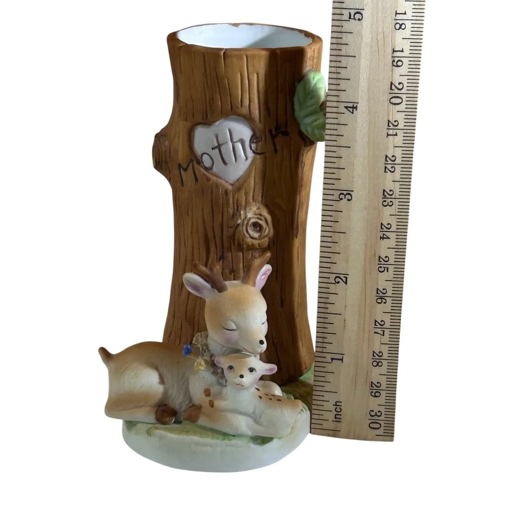 Vintage Enesco 1979 Adorable Ceramic‎ Tree Hug Mother Deer Fawn Bud Vase Taiwan